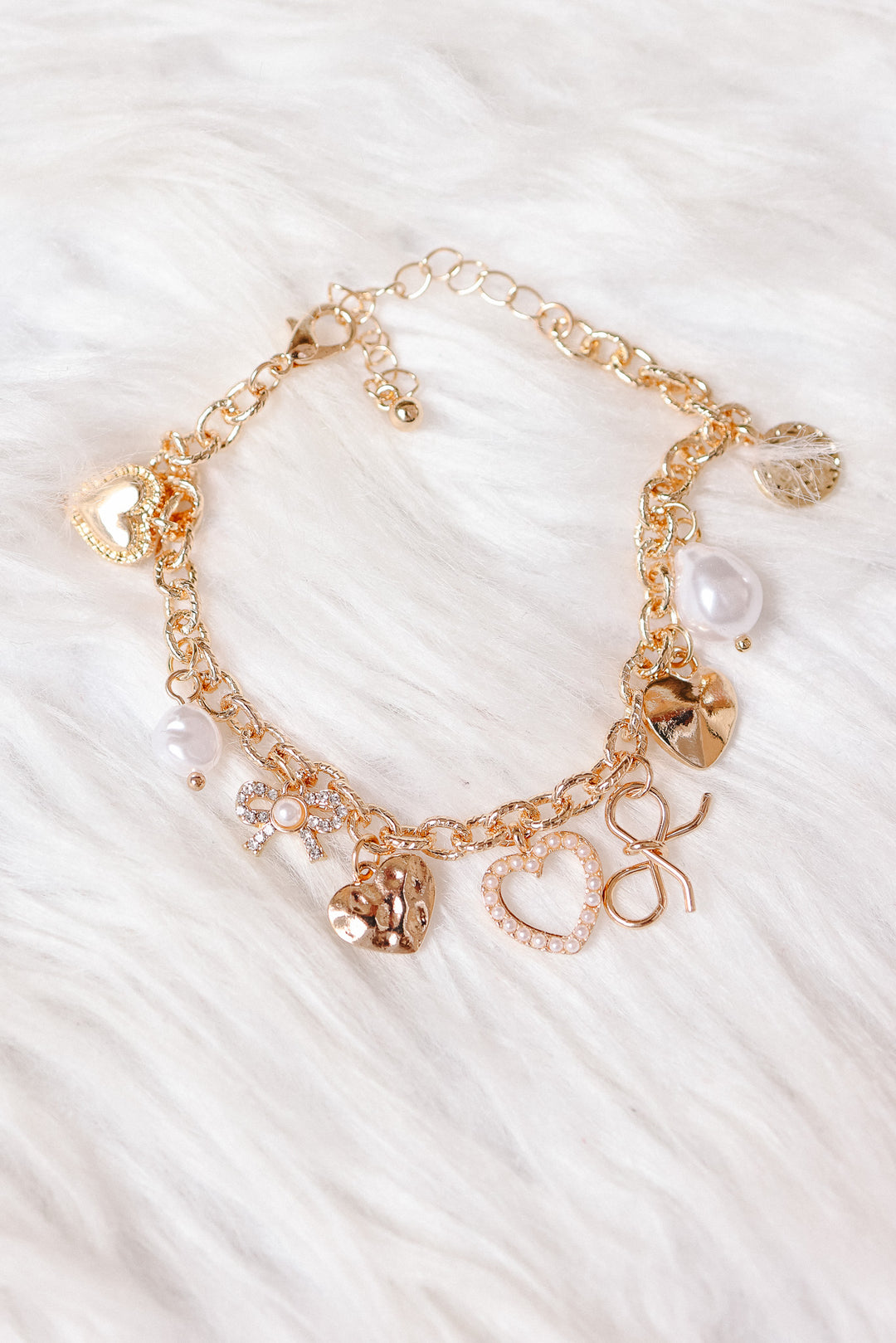 Bow Heart Pearl Disc Charm Bracelet