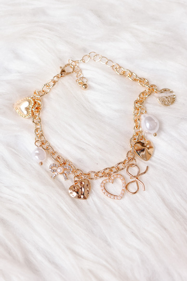 Bow Heart Pearl Disc Charm Bracelet