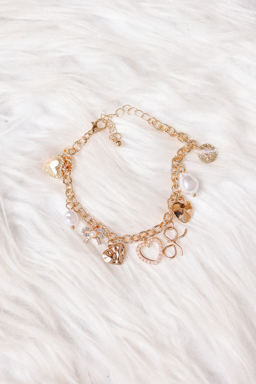 Bow Heart Pearl Disc Charm Bracelet