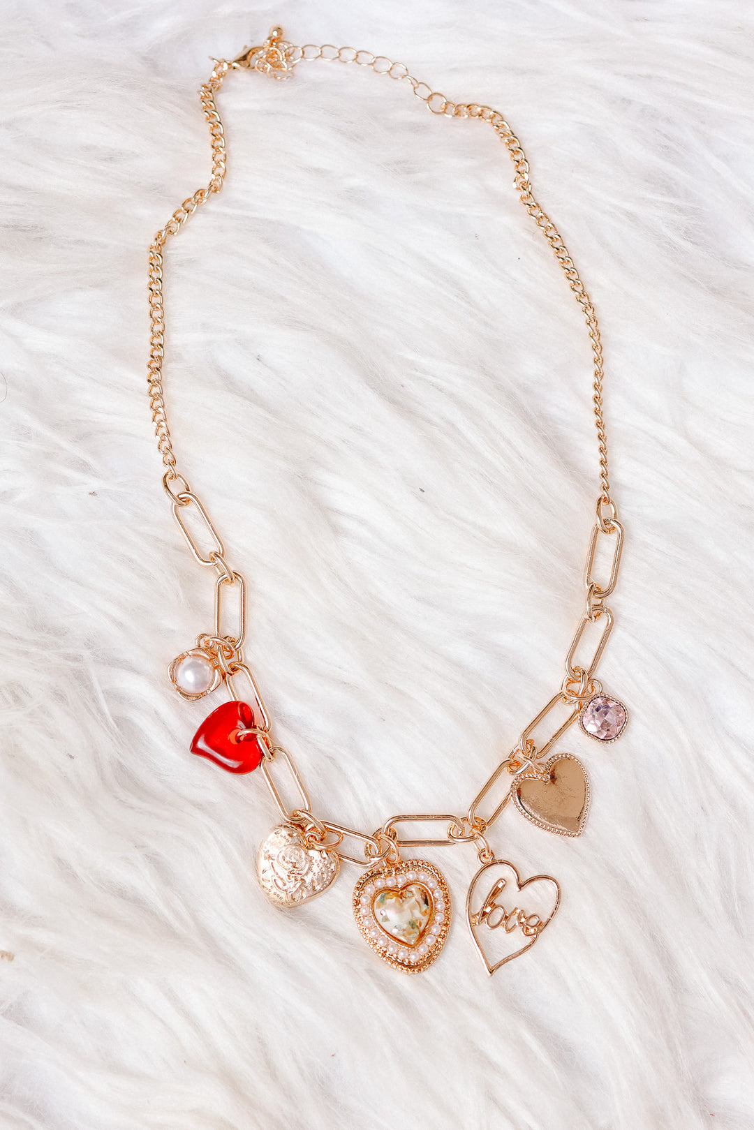 LOVE Heart Rhinestone Pearl Charm Necklace