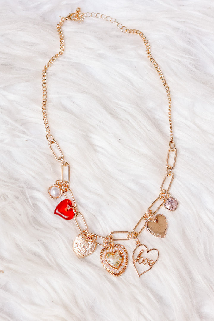 LOVE Heart Rhinestone Pearl Charm Necklace