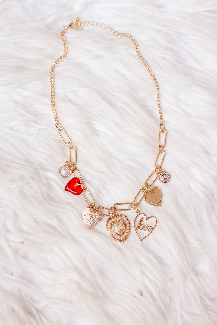 LOVE Heart Rhinestone Pearl Charm Necklace