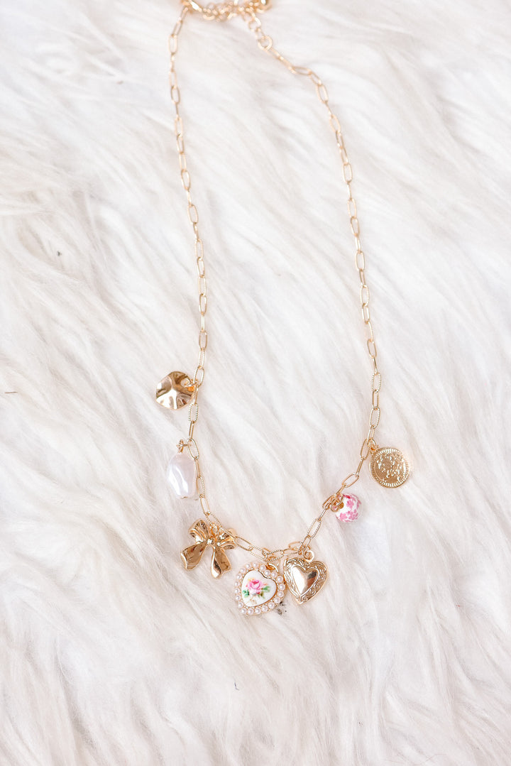 Ceramic Porcelain Bow Heart Charm Link Necklace