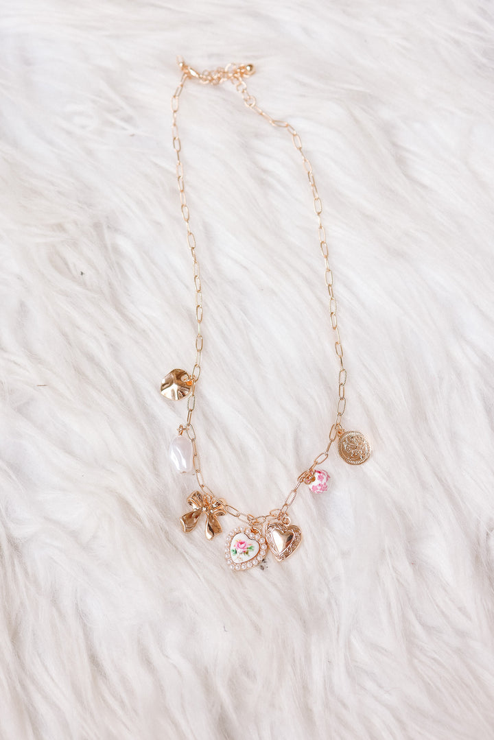 Ceramic Porcelain Bow Heart Charm Link Necklace