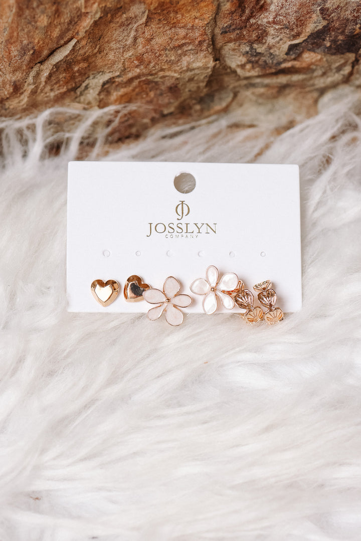 Heart Flower Seashell Huggie Hoop Earrings Trio