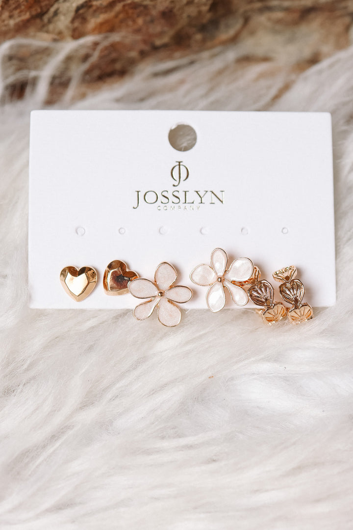 Heart Flower Seashell Huggie Hoop Earrings Trio