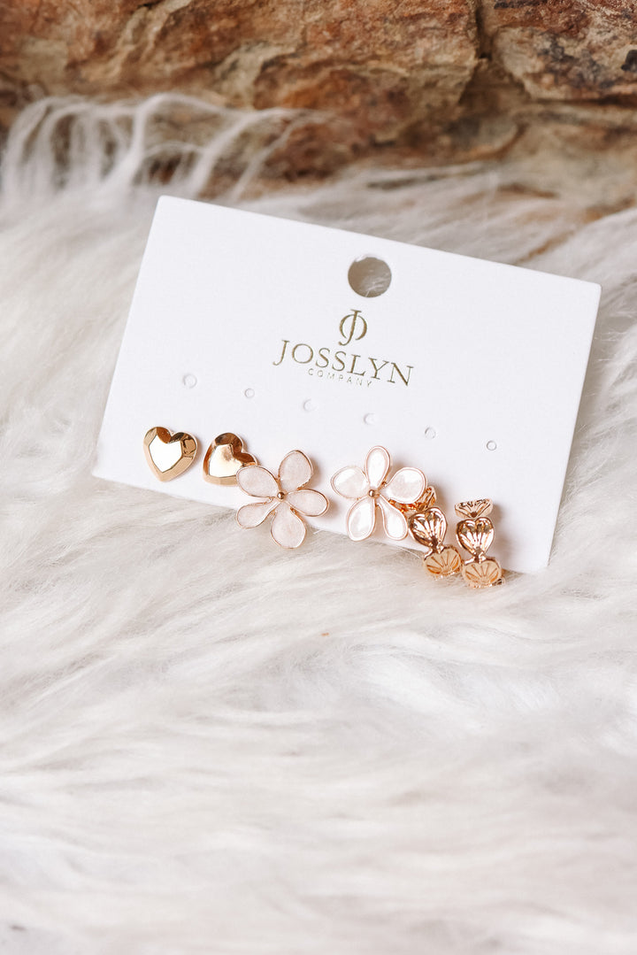 Heart Flower Seashell Huggie Hoop Earrings Trio