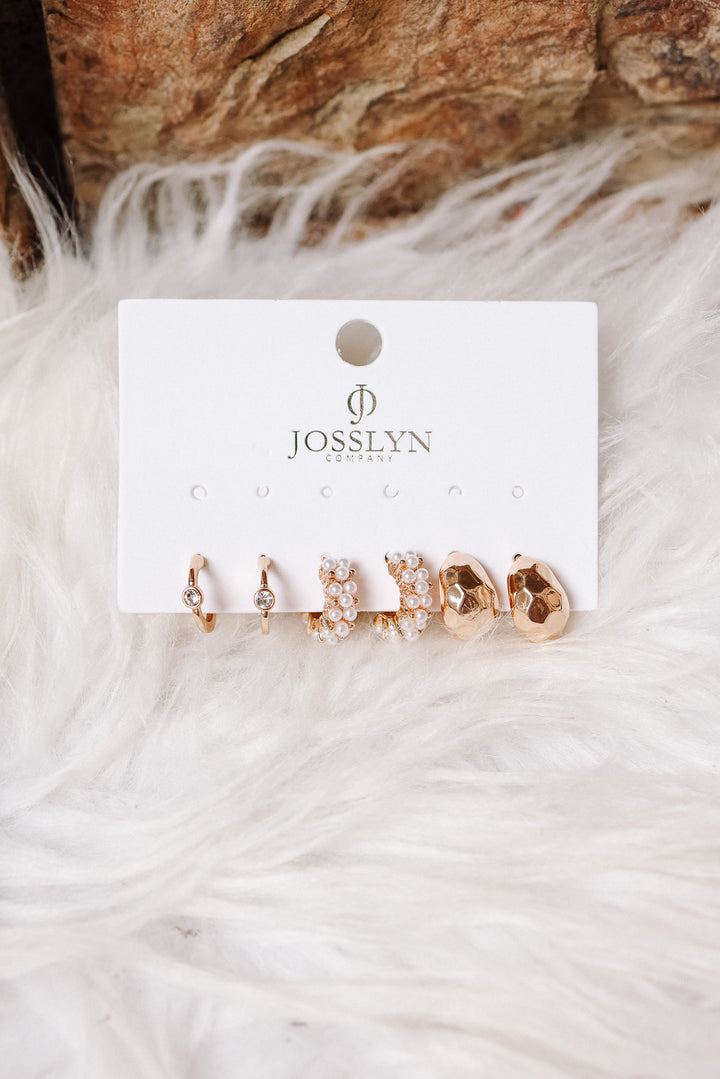 Pearl Diamond Cut Huggie Hoop Earrings Trio