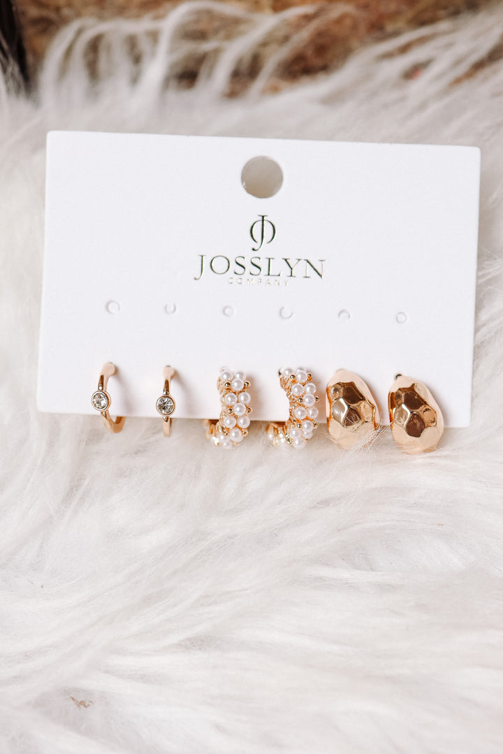 Pearl Diamond Cut Huggie Hoop Earrings Trio