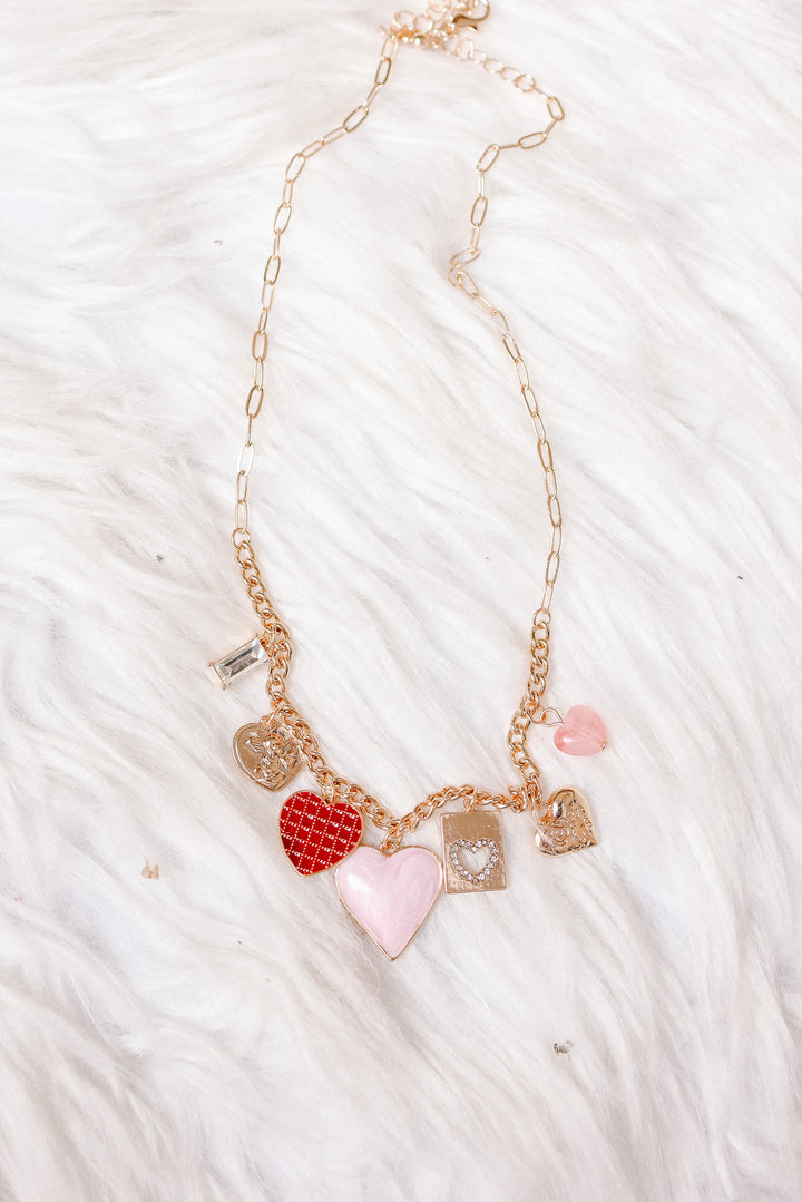Hearts Checker Rhinestone Charm Necklace