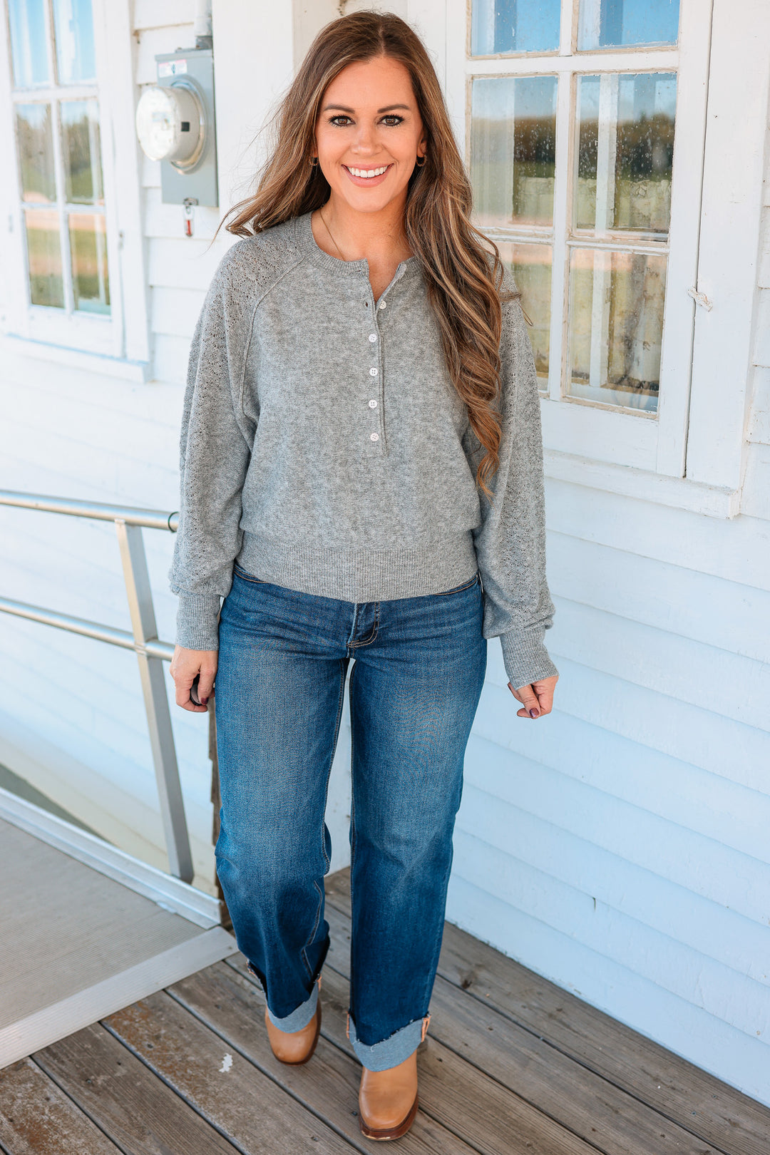 Ada Lace Textured Sleeve Henley Sweater - Grey