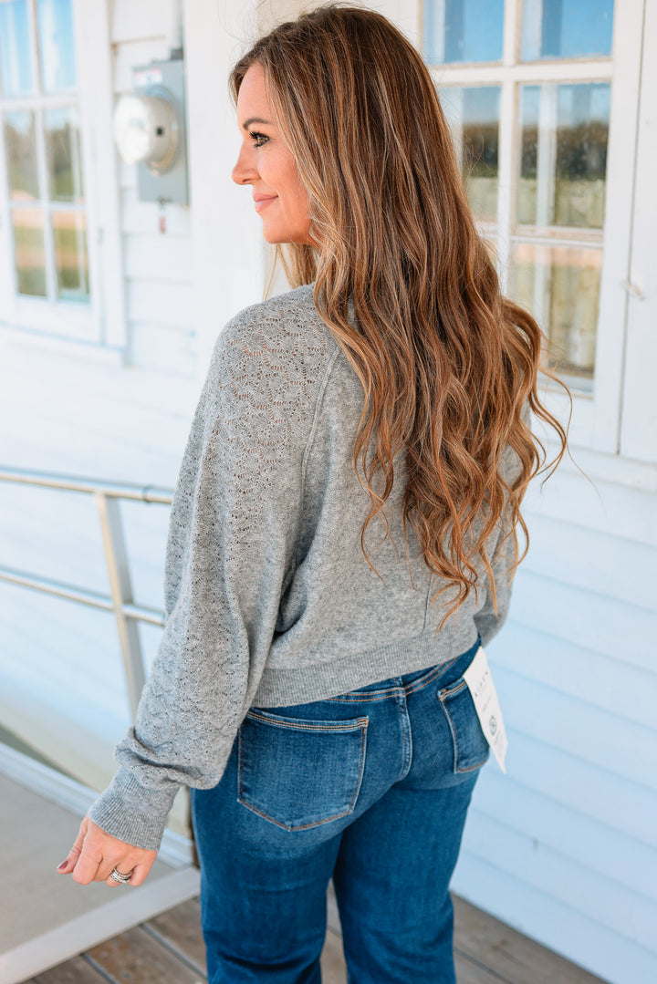 Ada Lace Textured Sleeve Henley Sweater - Grey