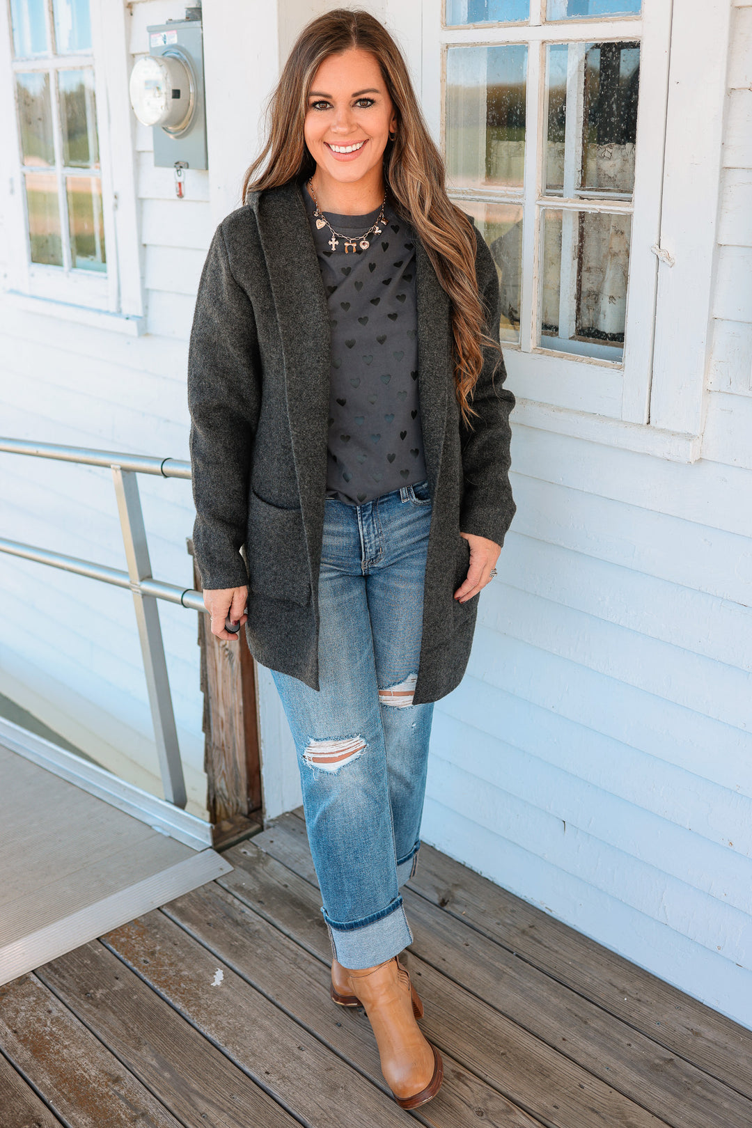 Fiora Open Front Hoodie Cardigan - Charcoal