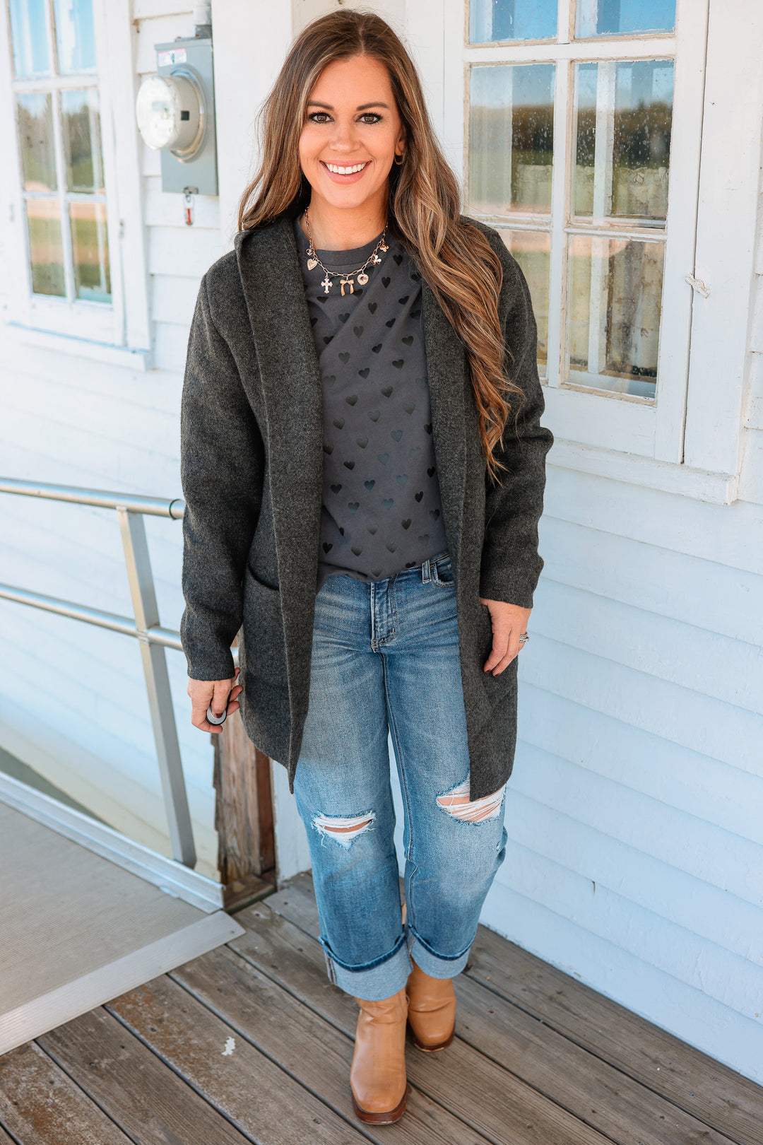 Fiora Open Front Hoodie Cardigan - Charcoal
