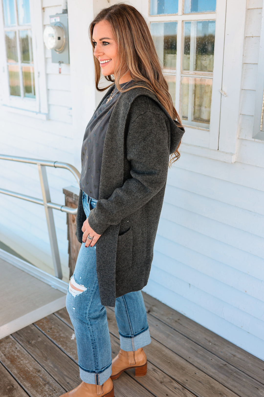Fiora Open Front Hoodie Cardigan - Charcoal