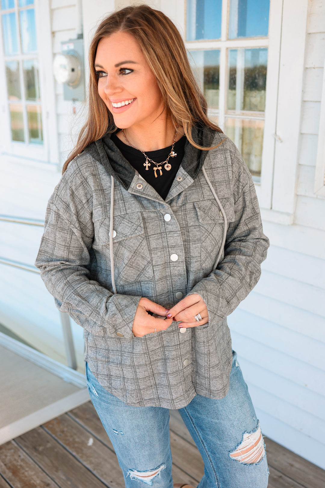 Cole Brushed Plaid Shacket - Charcoal