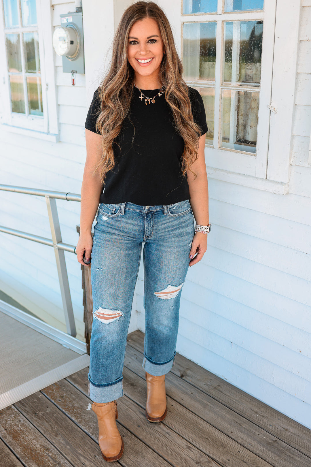 LOVERVET: Mason Mid Rise Distressed Cuffed Jeans