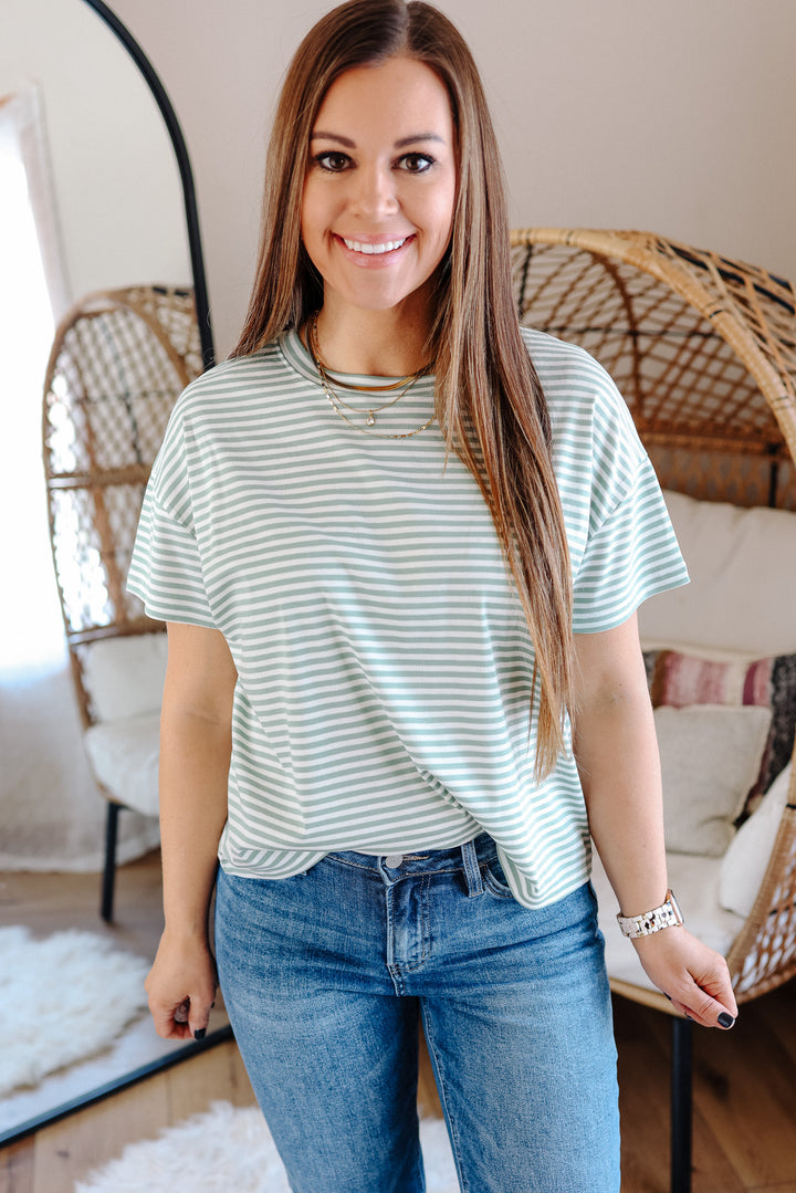 Esme Drop Shoulder Striped Tee - Sage