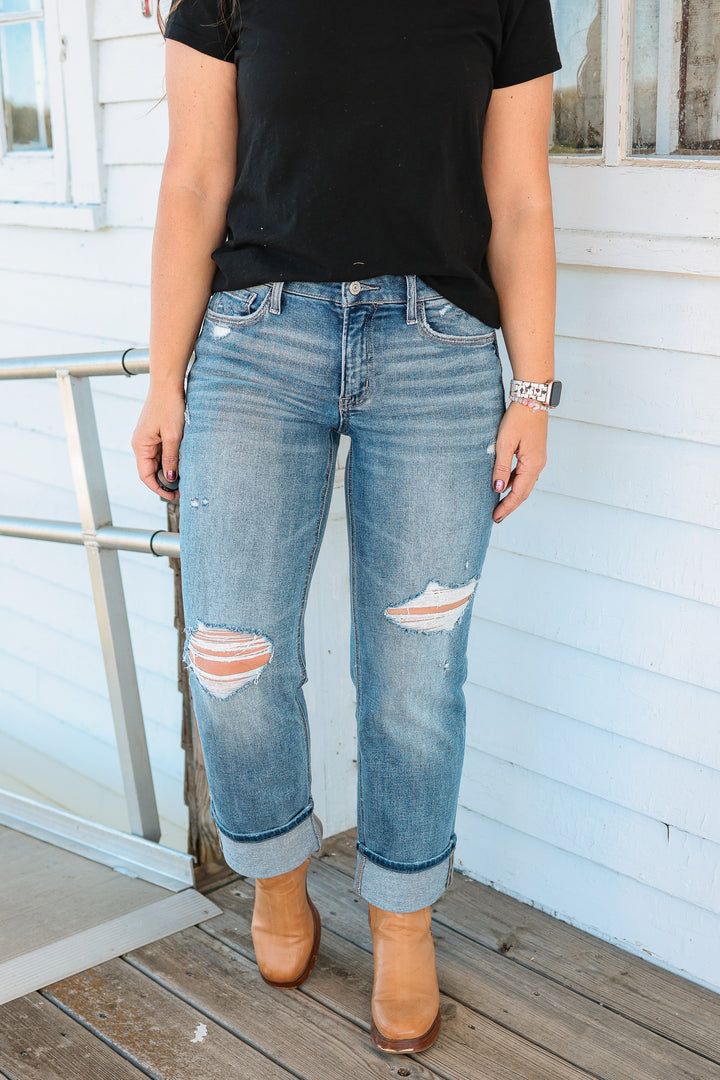 LOVERVET: Mason Mid Rise Distressed Cuffed Jeans