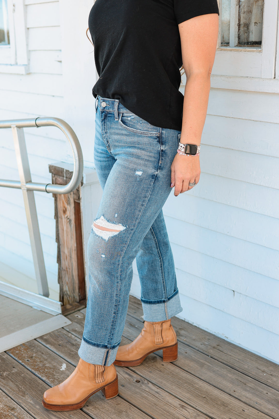LOVERVET: Mason Mid Rise Distressed Cuffed Jeans