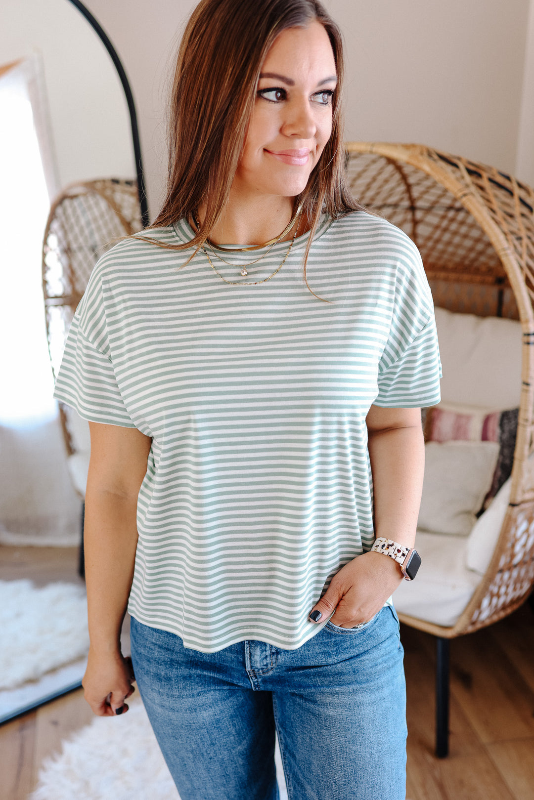 Esme Drop Shoulder Striped Tee - Sage