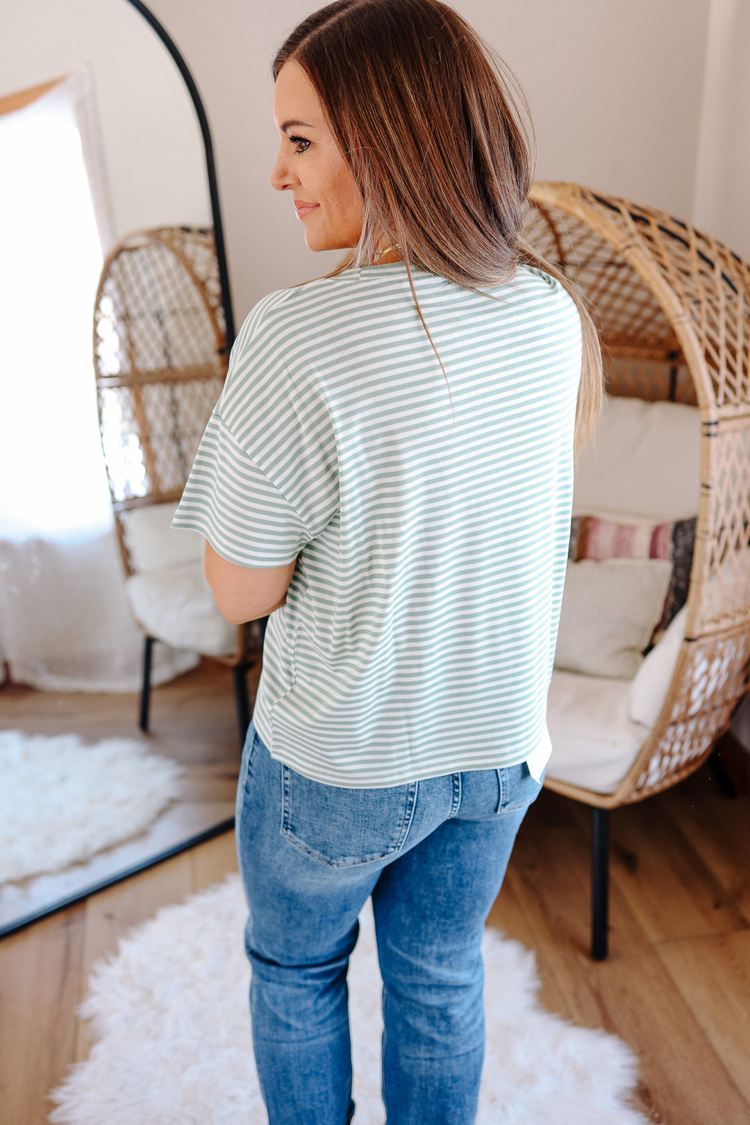 Esme Drop Shoulder Striped Tee - Sage