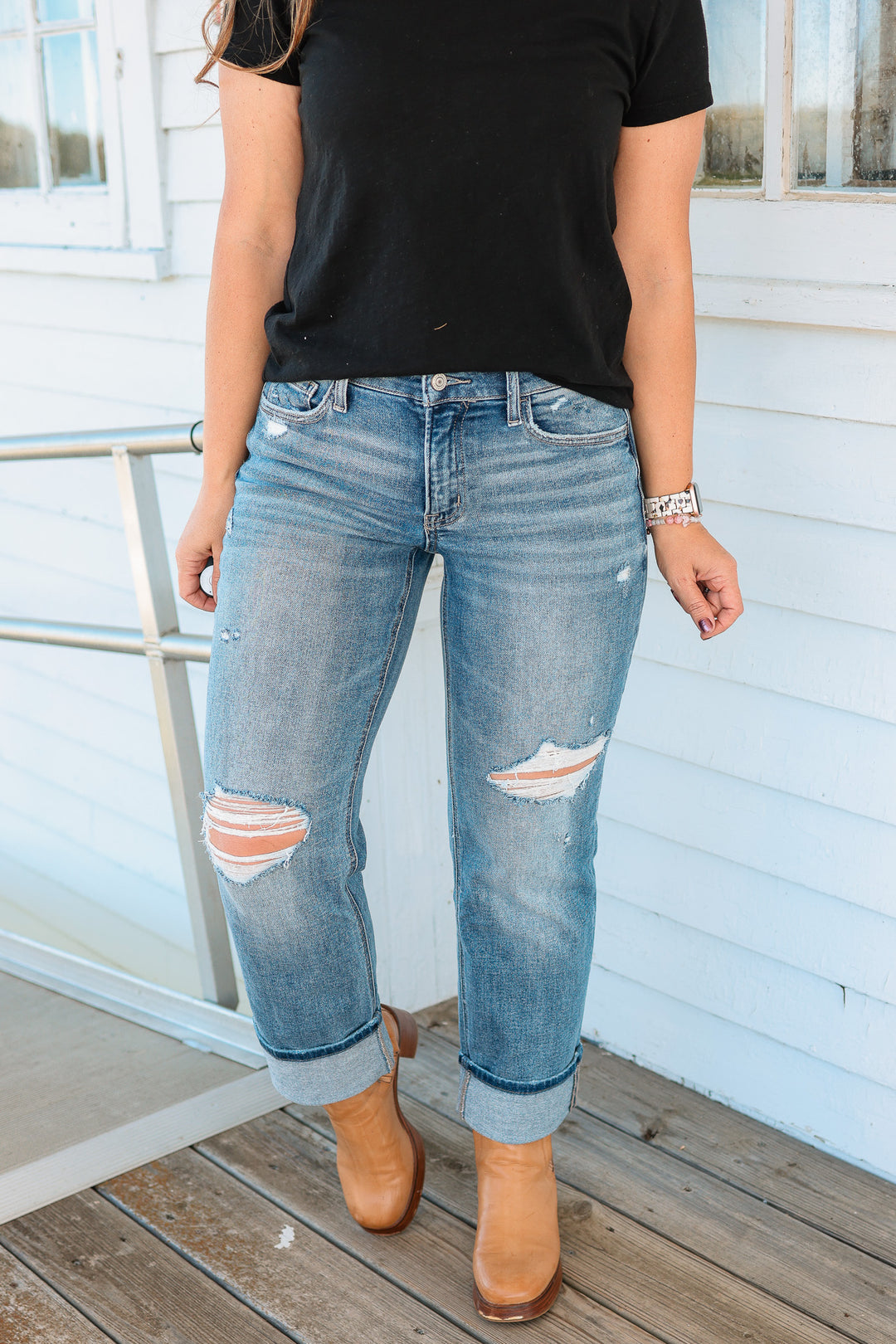 LOVERVET: Mason Mid Rise Distressed Cuffed Jeans