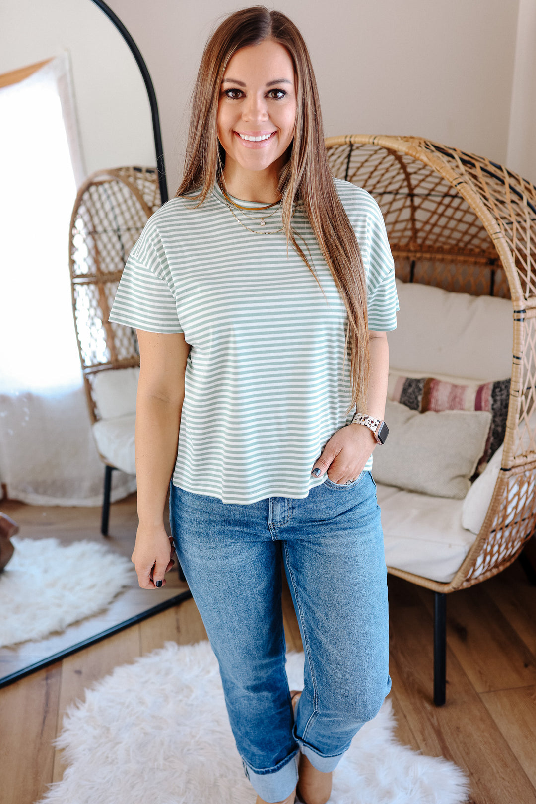 Esme Drop Shoulder Striped Tee - Sage
