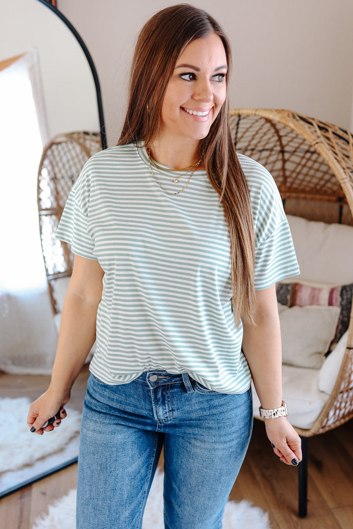 Esme Drop Shoulder Striped Tee - Sage