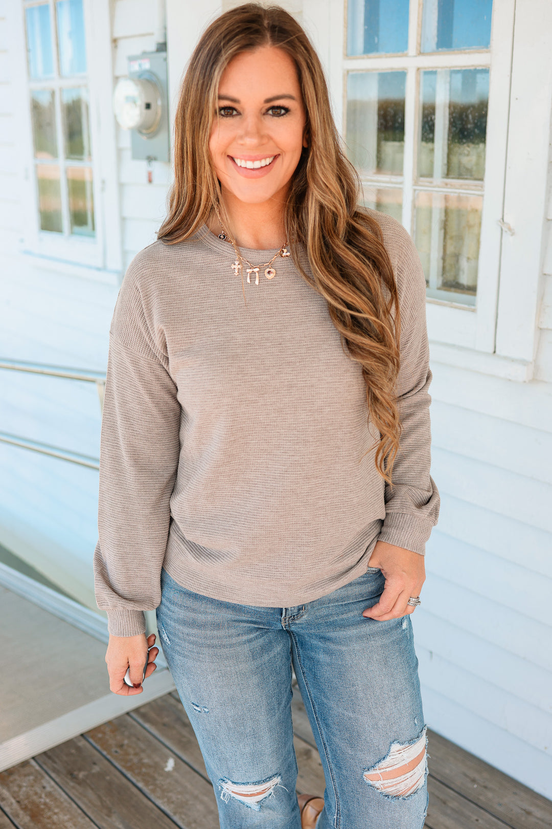 Roslyn Textured Balloon Sleeve Sweater - Mocha