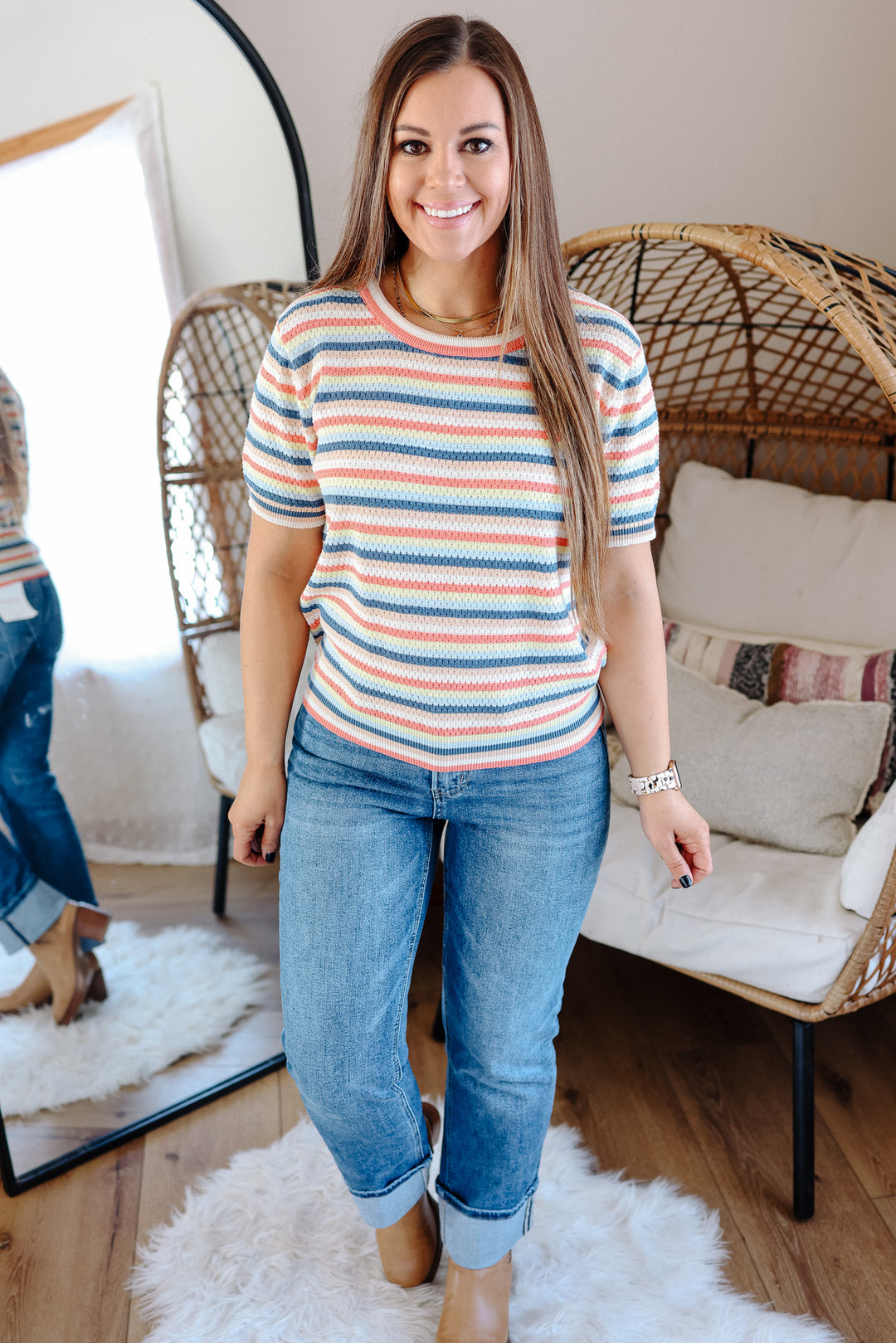 Isla Short Sleeve Pointelle Sweater - Navy