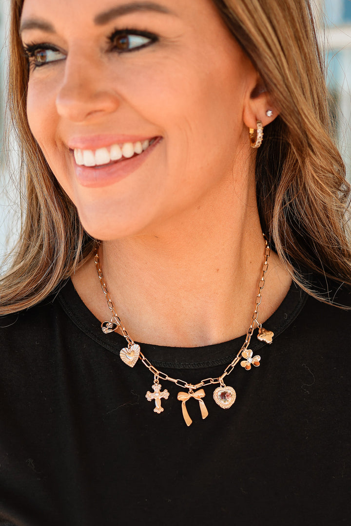 Porcelain Floral Bow Cross Heart Charm Necklace