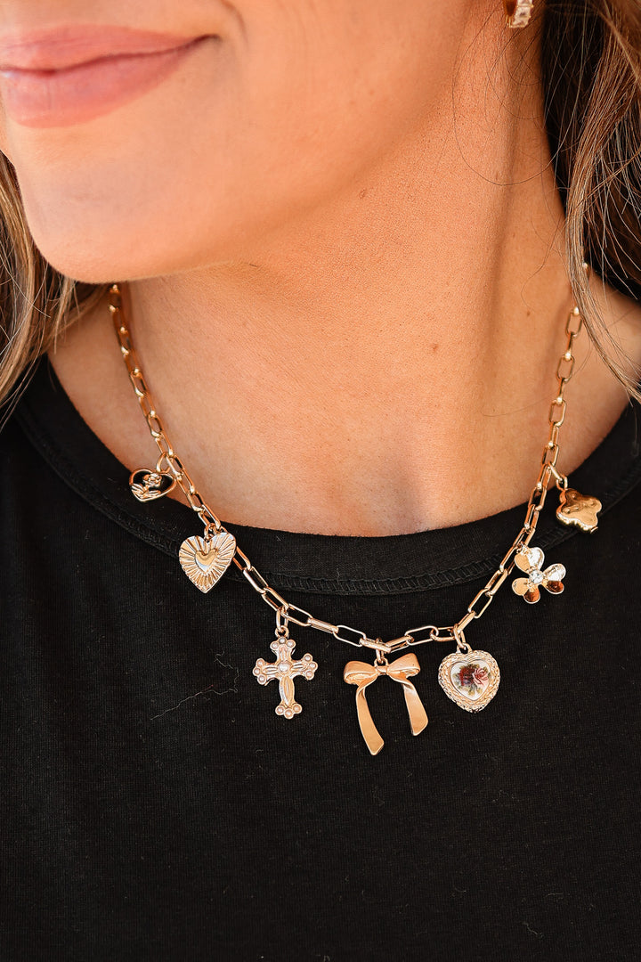 Porcelain Floral Bow Cross Heart Charm Necklace