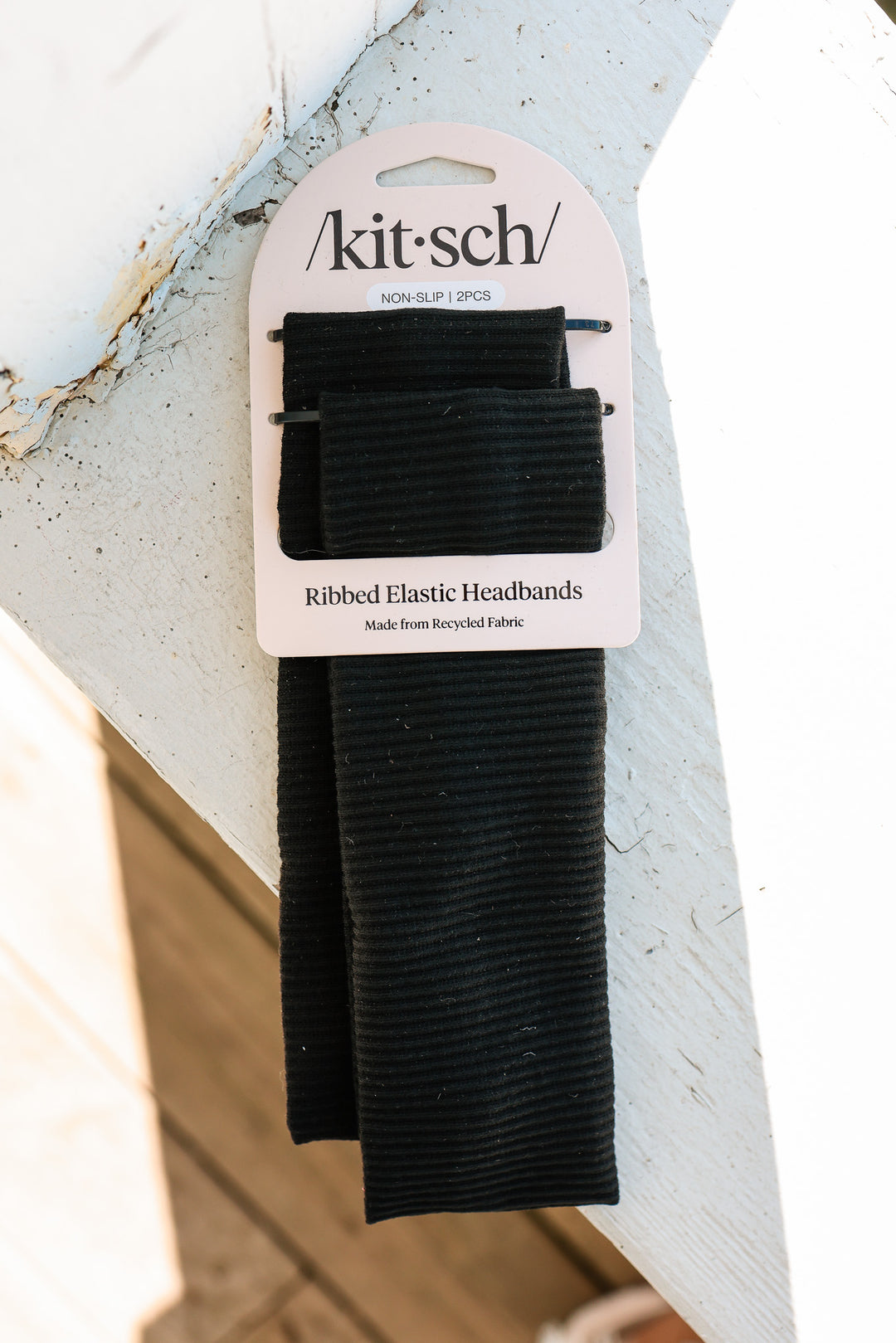 Recycled Fabric Ribbed Elastic Headbands 2pc Set - Black