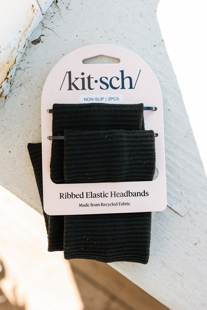 Recycled Fabric Ribbed Elastic Headbands 2pc Set - Black