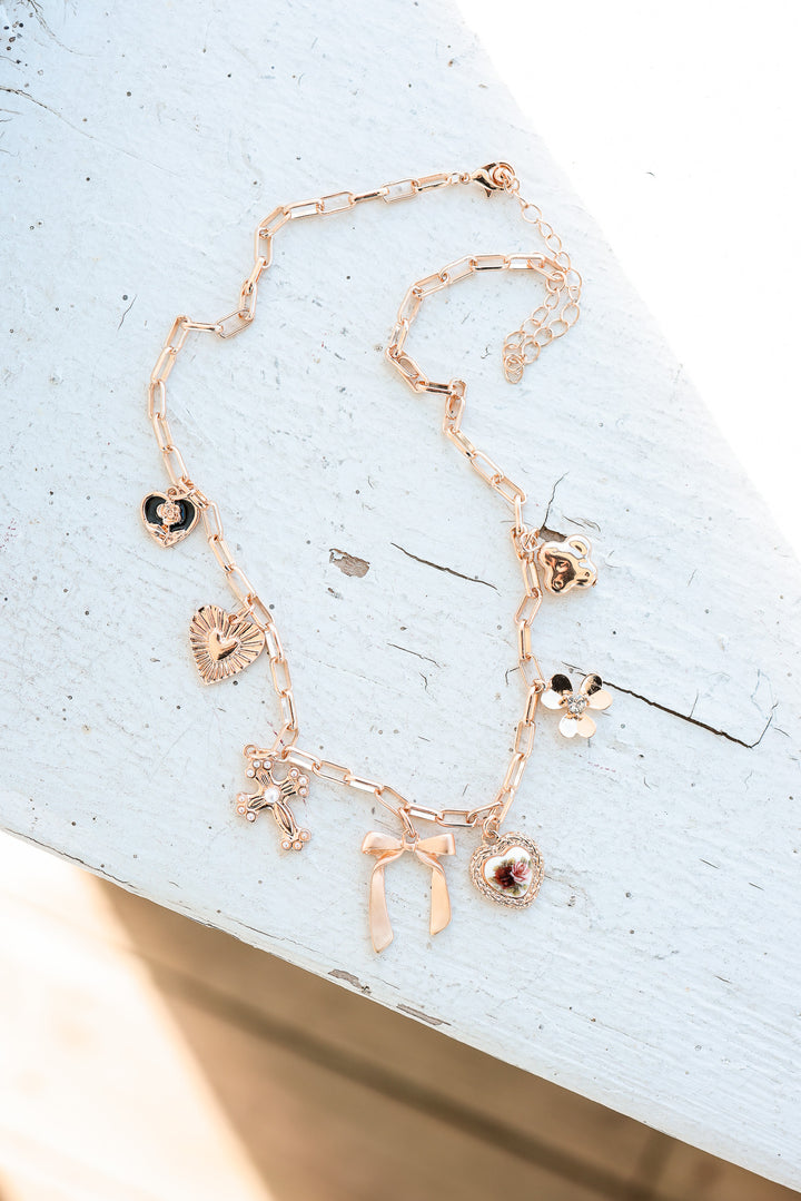 Porcelain Floral Bow Cross Heart Charm Necklace