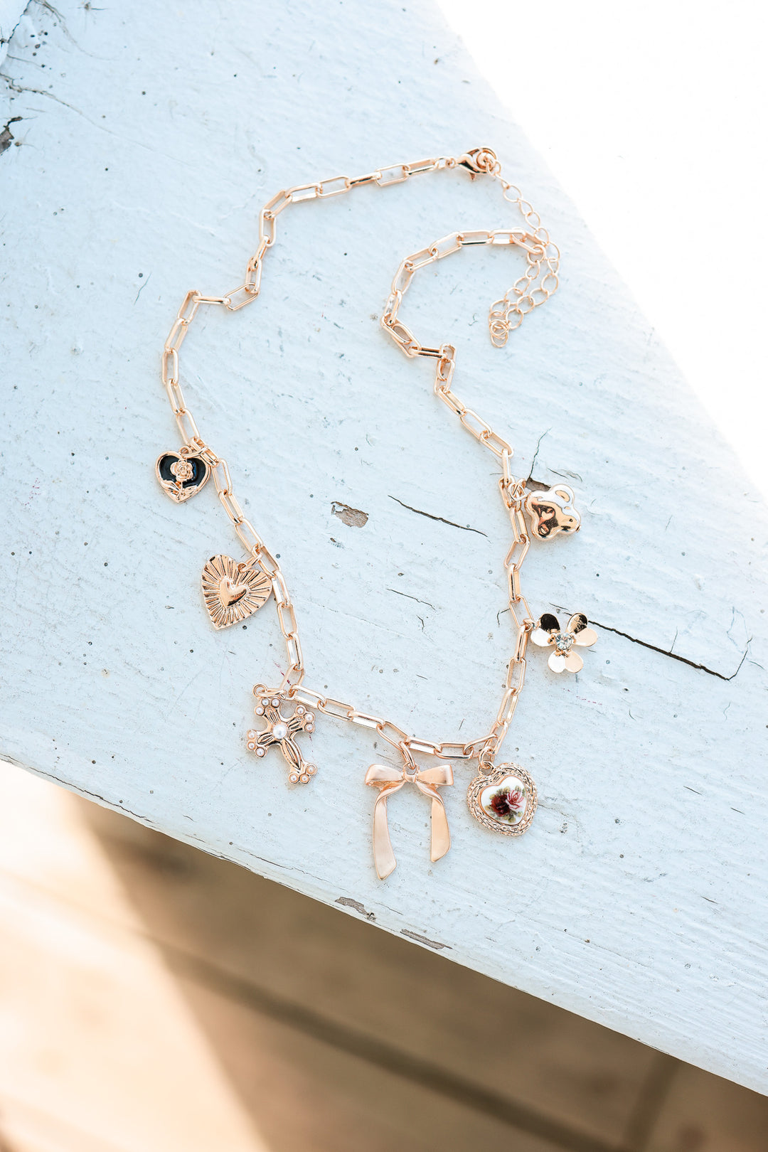Porcelain Floral Bow Cross Heart Charm Necklace