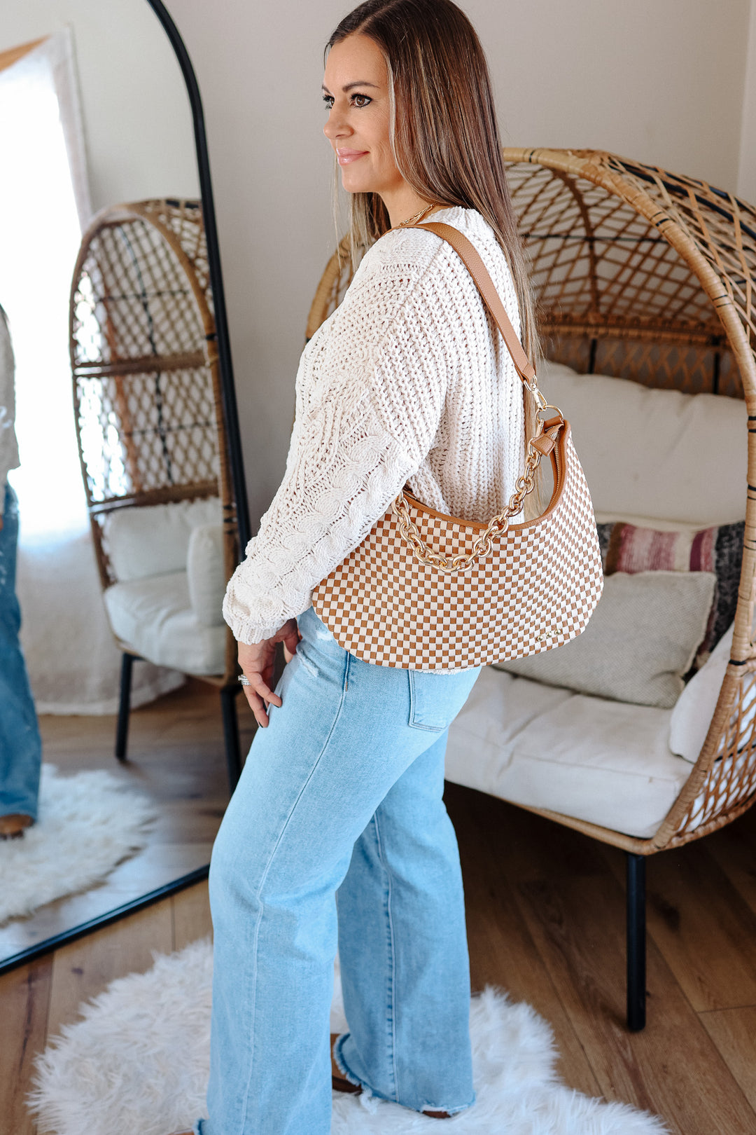 Sienna Slouchy Woven Shoulder Bag - Brown Checkered