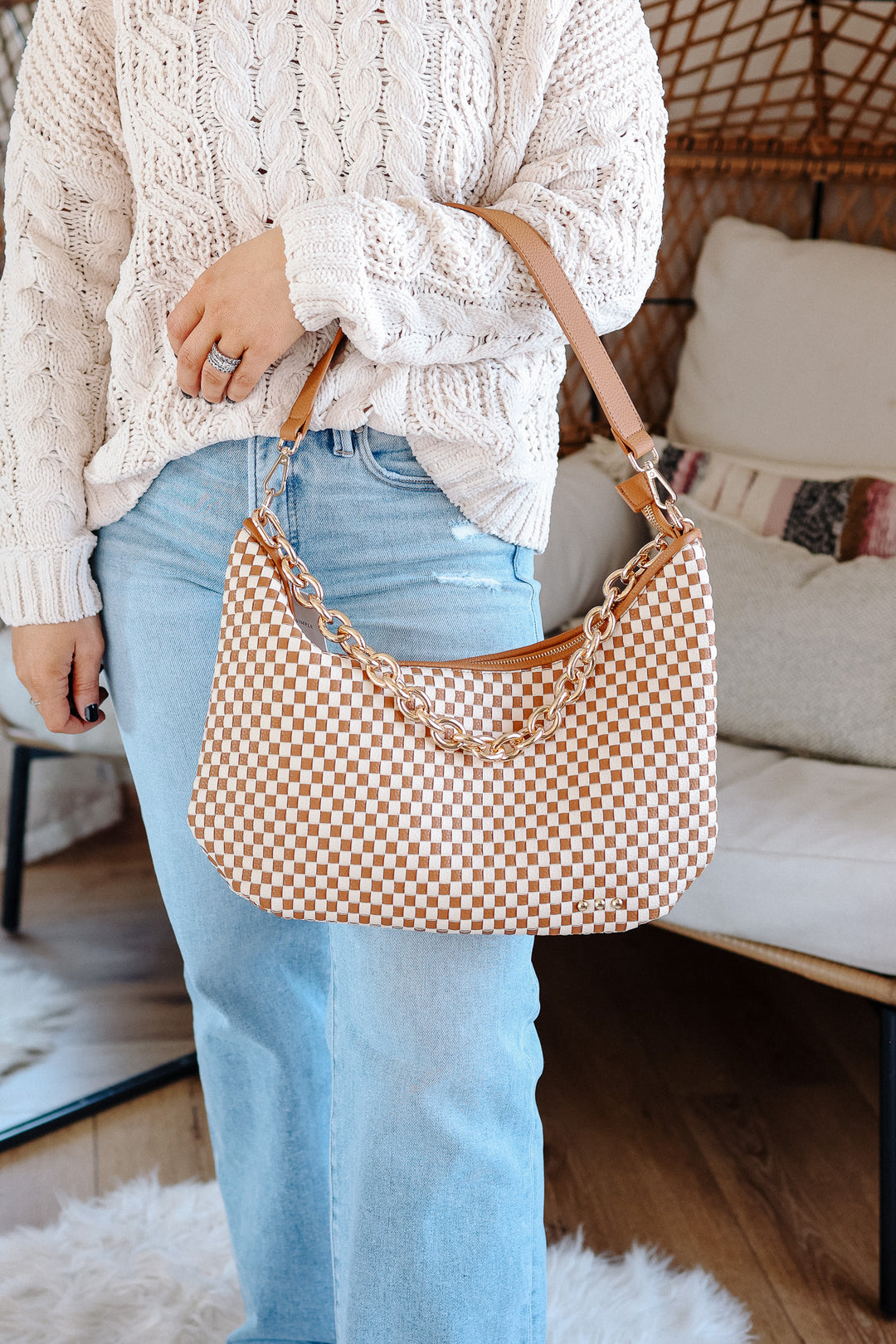 Sienna Slouchy Woven Shoulder Bag - Brown Checkered