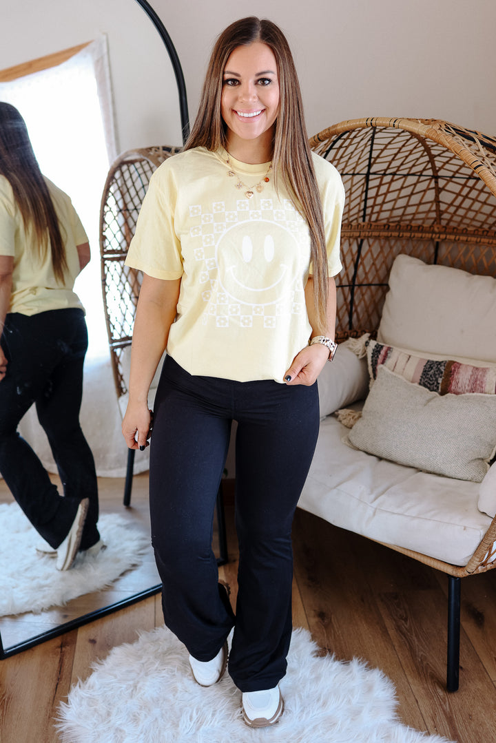 Checkered Flower Happy Face Graphic Tee - Butter