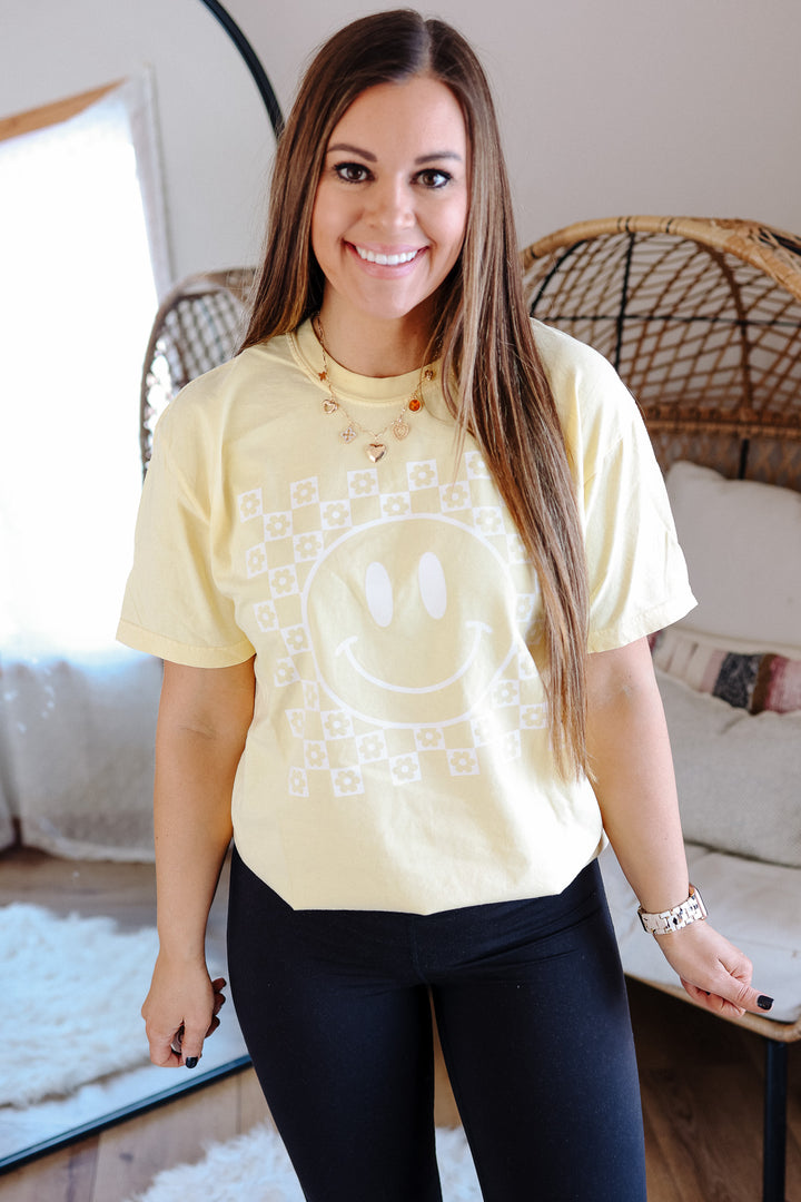 Checkered Flower Happy Face Graphic Tee - Butter