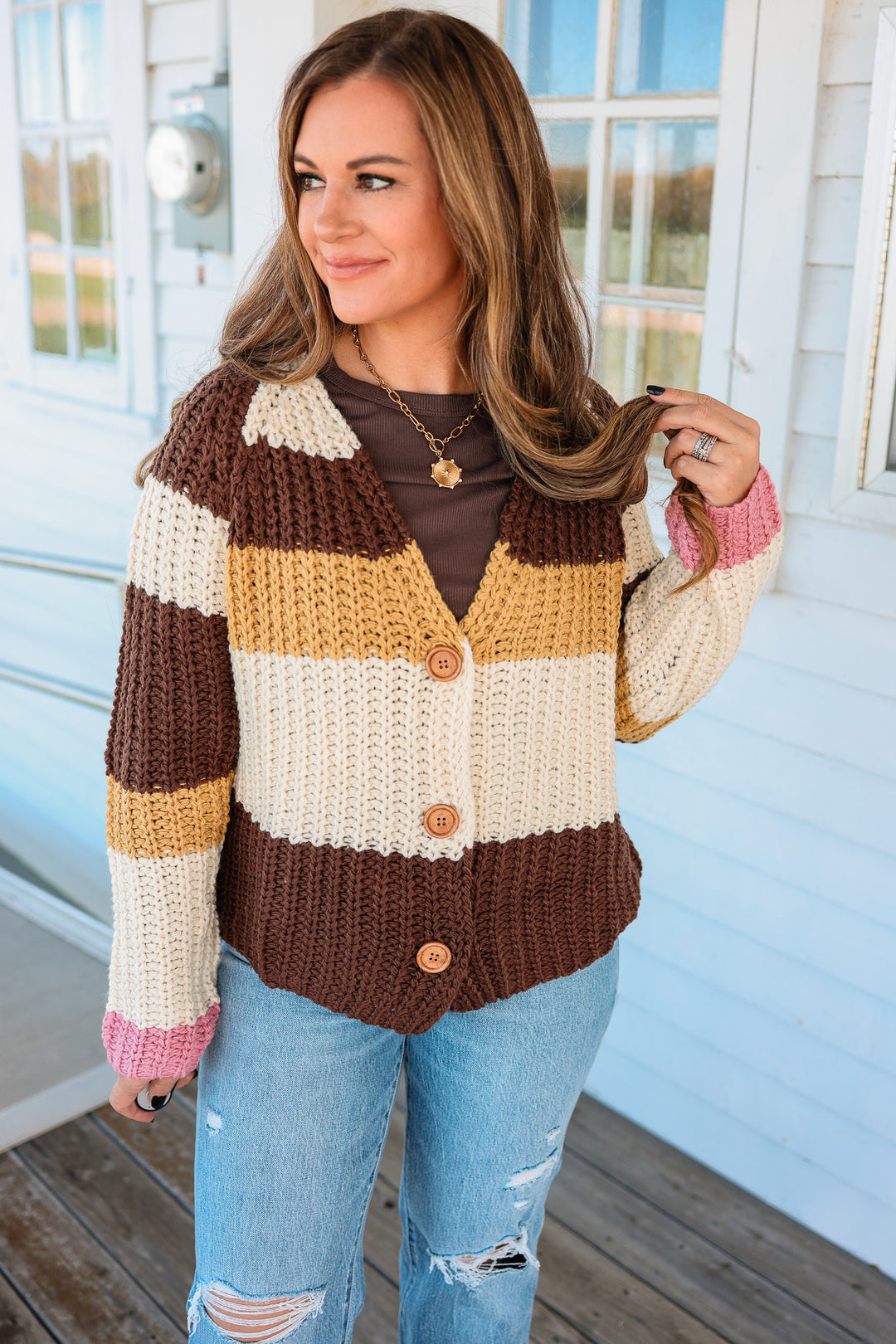 Madelyn Chunky Sweater Cardigan - Brown Multi