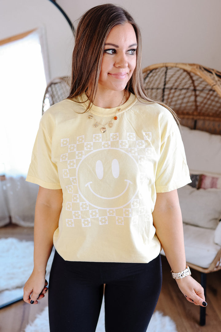 Checkered Flower Happy Face Graphic Tee - Butter