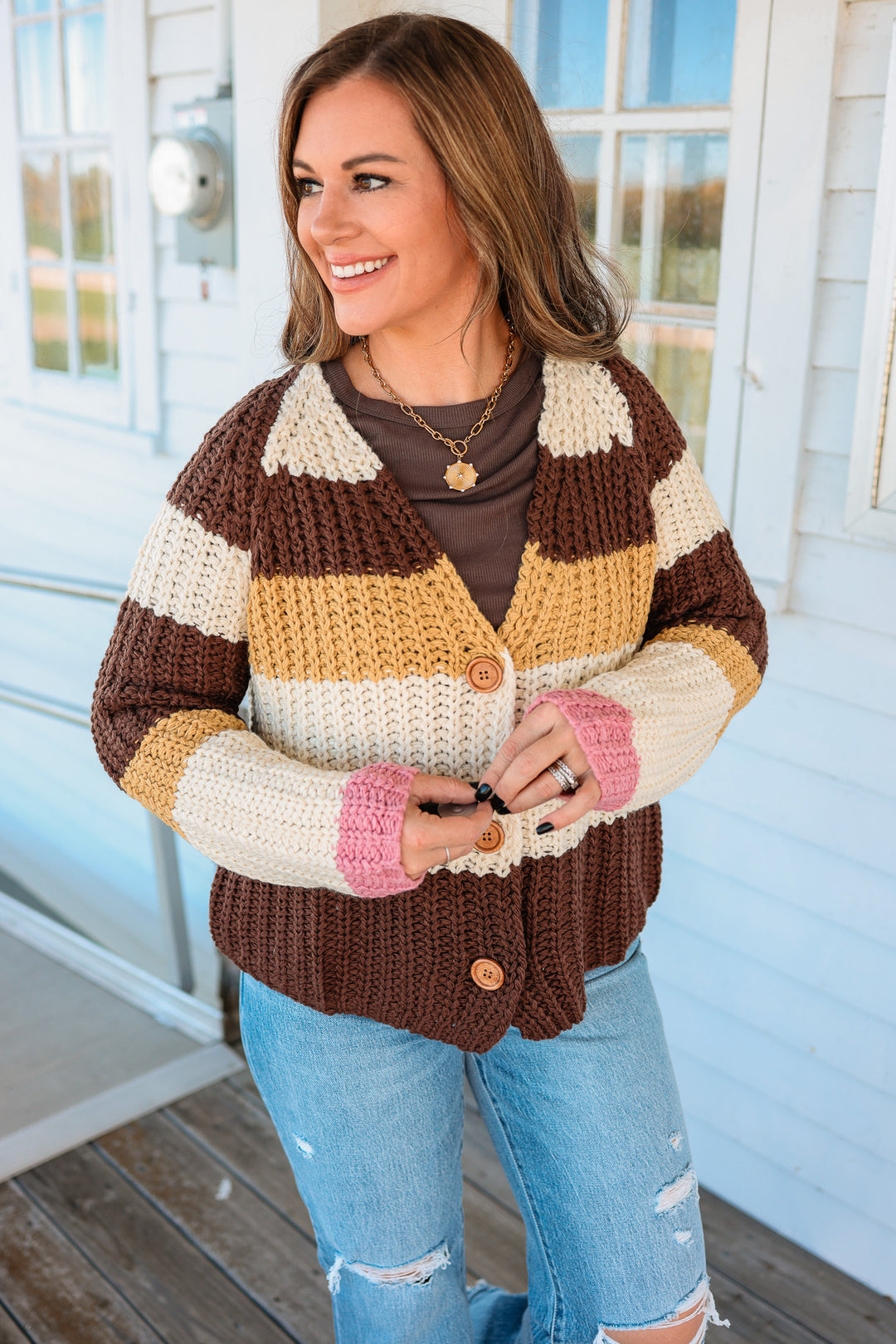Madelyn Chunky Sweater Cardigan - Brown Multi