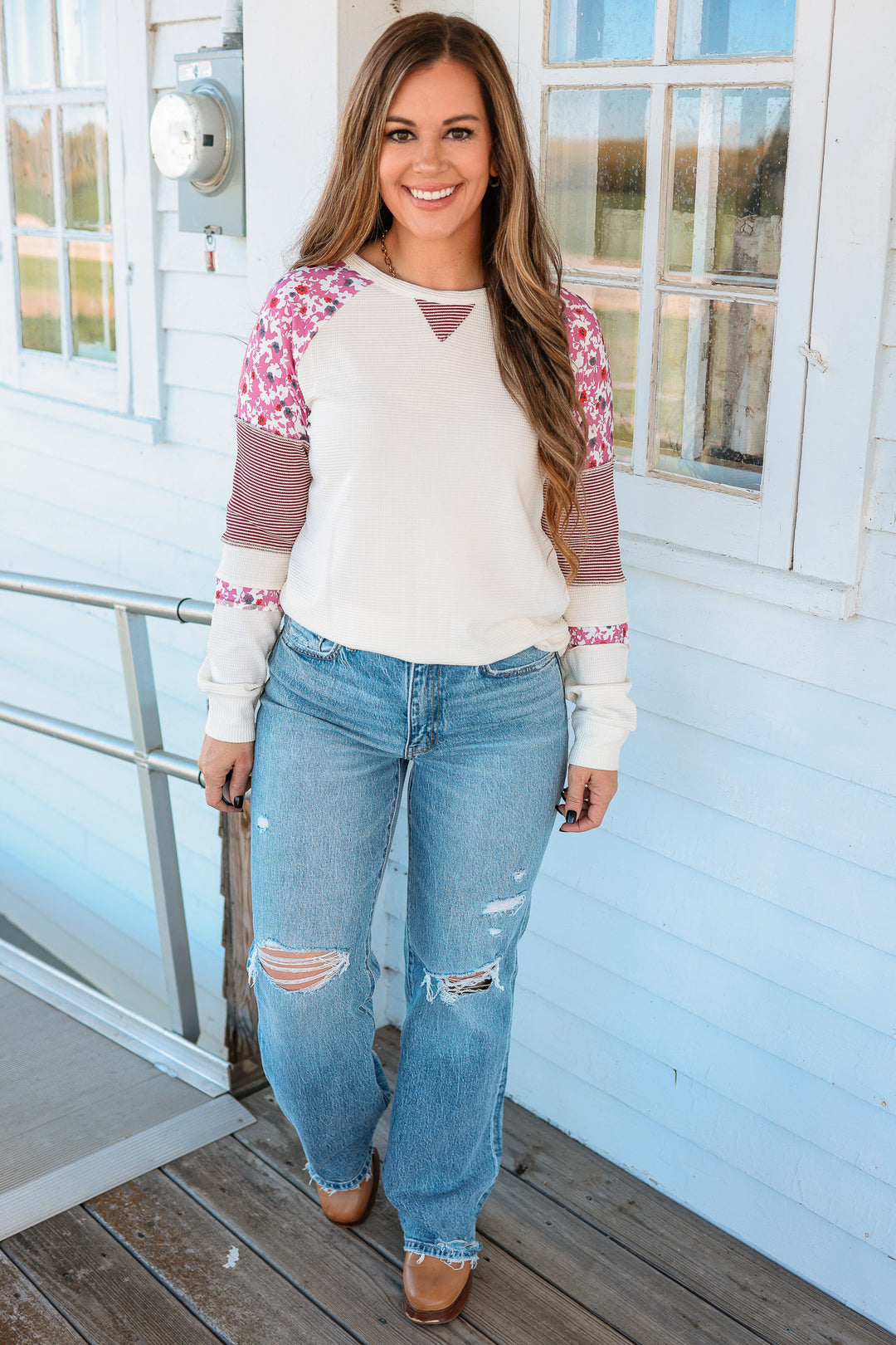 Tia Floral and Stripe Colorblock Top - Pink