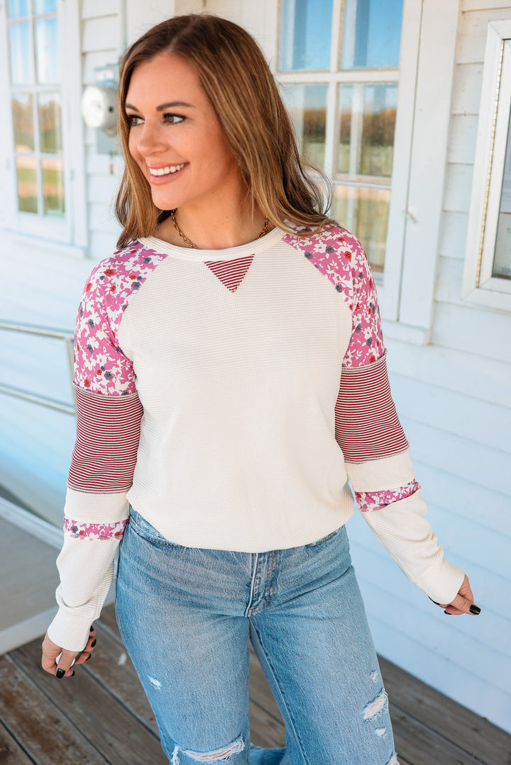 Tia Floral and Stripe Colorblock Top - Pink