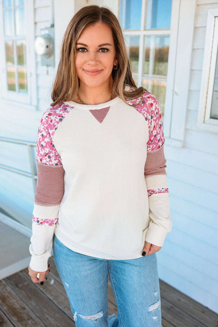 Tia Floral and Stripe Colorblock Top - Pink