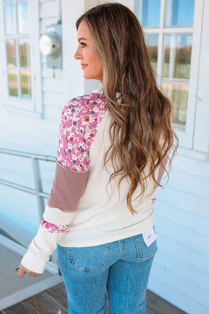 Tia Floral and Stripe Colorblock Top - Pink