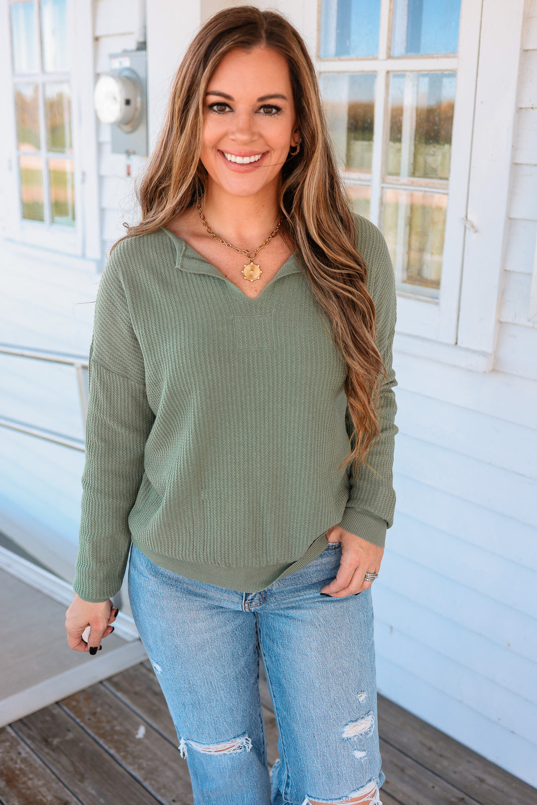 Margot Mini Waffle Textured Sweater - Olive