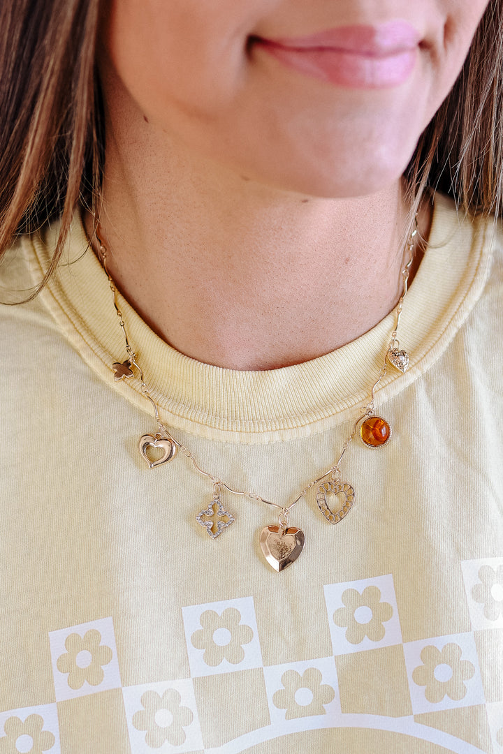 Amber Hearts Clover Stone Charm Necklace
